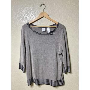 Vintage Emma James Knit Sweater 1X Gray & Navy Striped 3/4 Sleeve Office